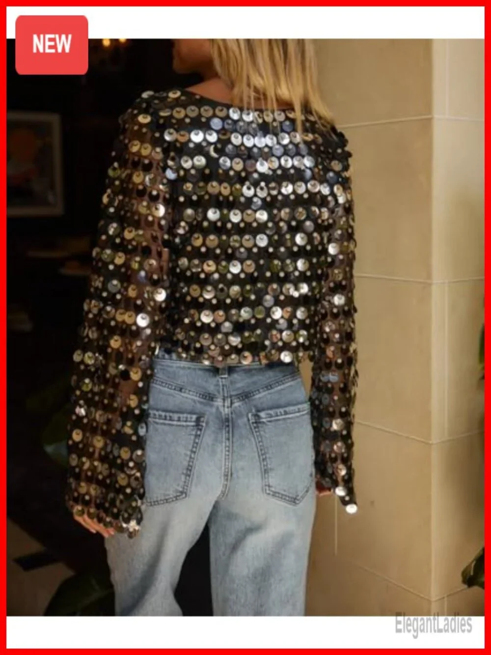 Y2K Sequin Long Sleeve Mesh Bell Sleeve Crop Top Blouse